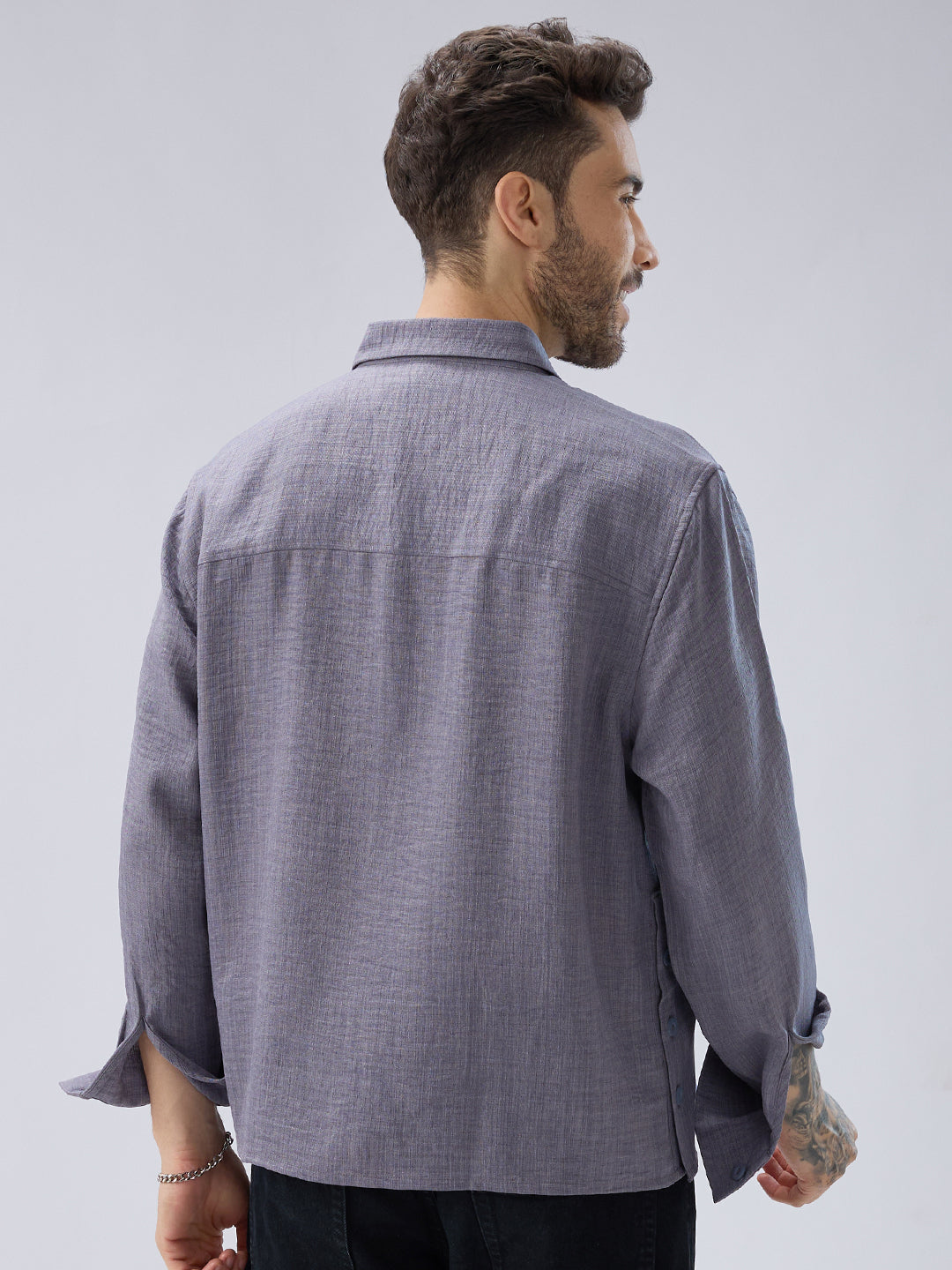 Pebble Grey Slub Textured Side-Slit Button Oversized Crop Shirt