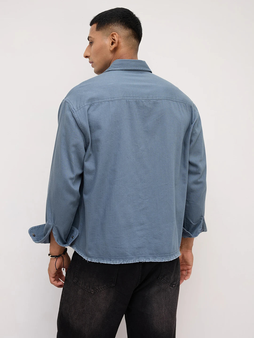 Spruce Blue Fine Textured Boxy Fit Crop Overshirt