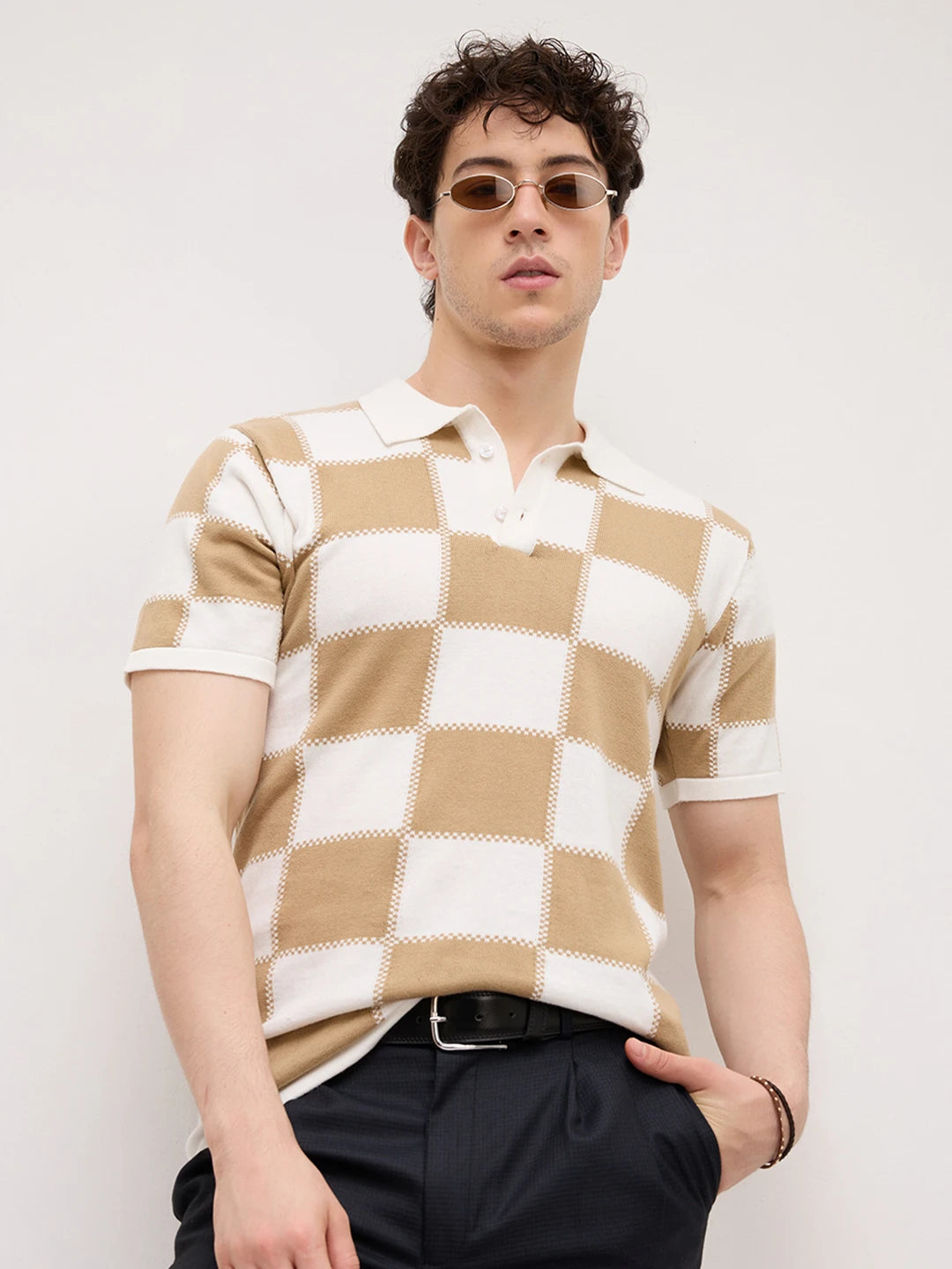Scalloped Dessert Brown Block Checks Polo T-shirt