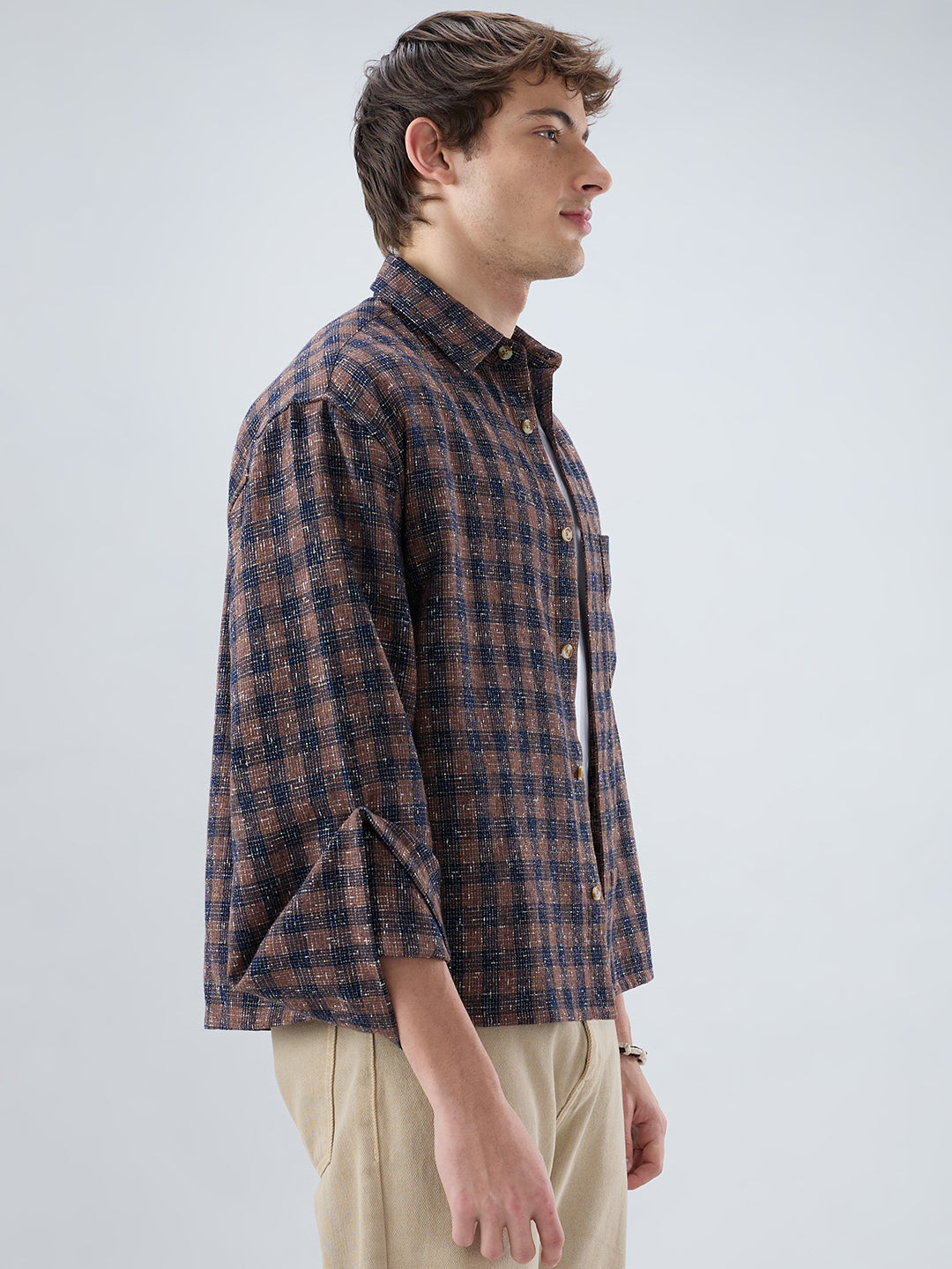 Raunak Edit Glossy Navy & Brown Checked Oversized Crop Shirt