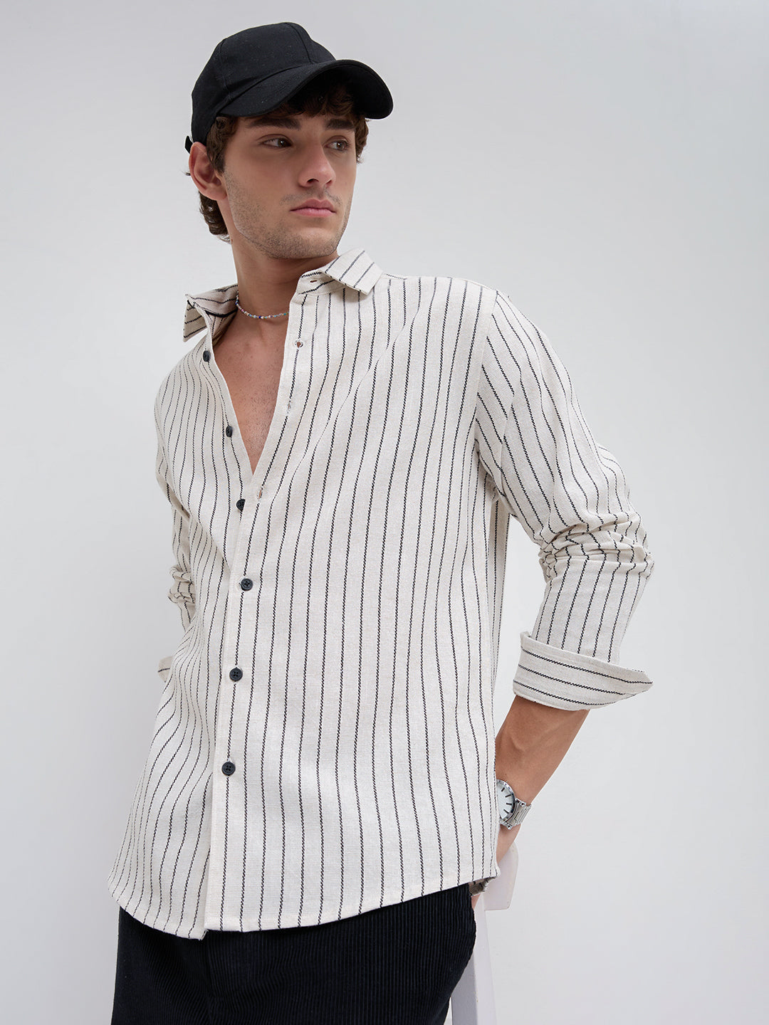 Black & Ivory Saddle Weave Contrast Stripe Shirt