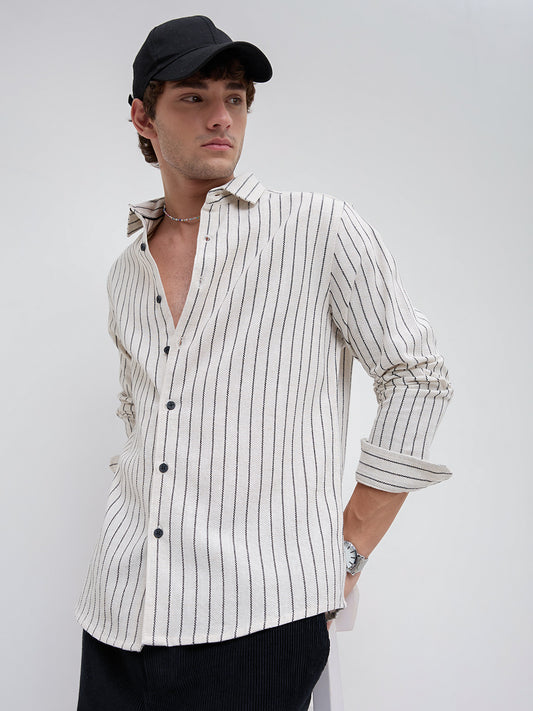 Black & Ivory Saddle Weave Contrast Stripe Shirt