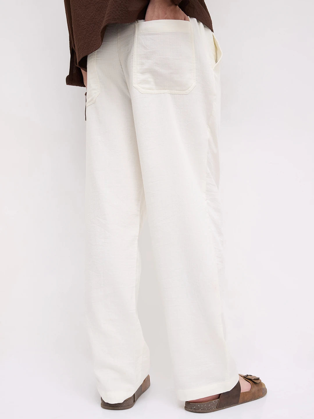 Pearl White Herringbone Textured Straight Fit Trousers