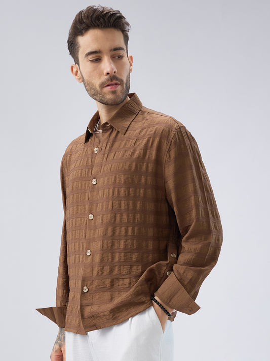 Brown Tonal Textured Side Slit Button Boxy Fit Crop Shirt