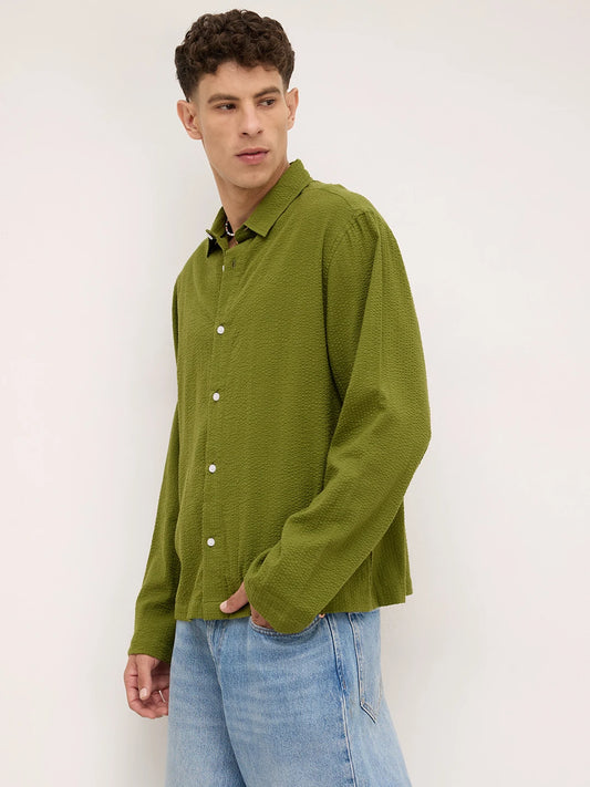 Forest Green Seersucker Cuffless Oversized Shirt