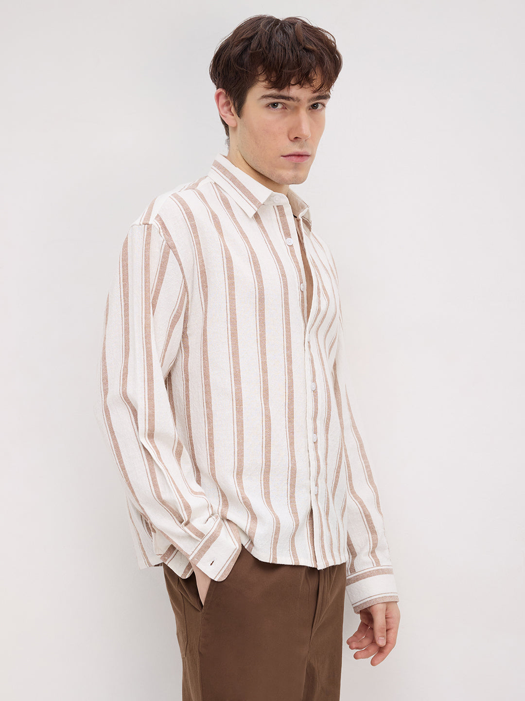 Natural Deep Khaki Striped Boxy Fit Crop Shirt