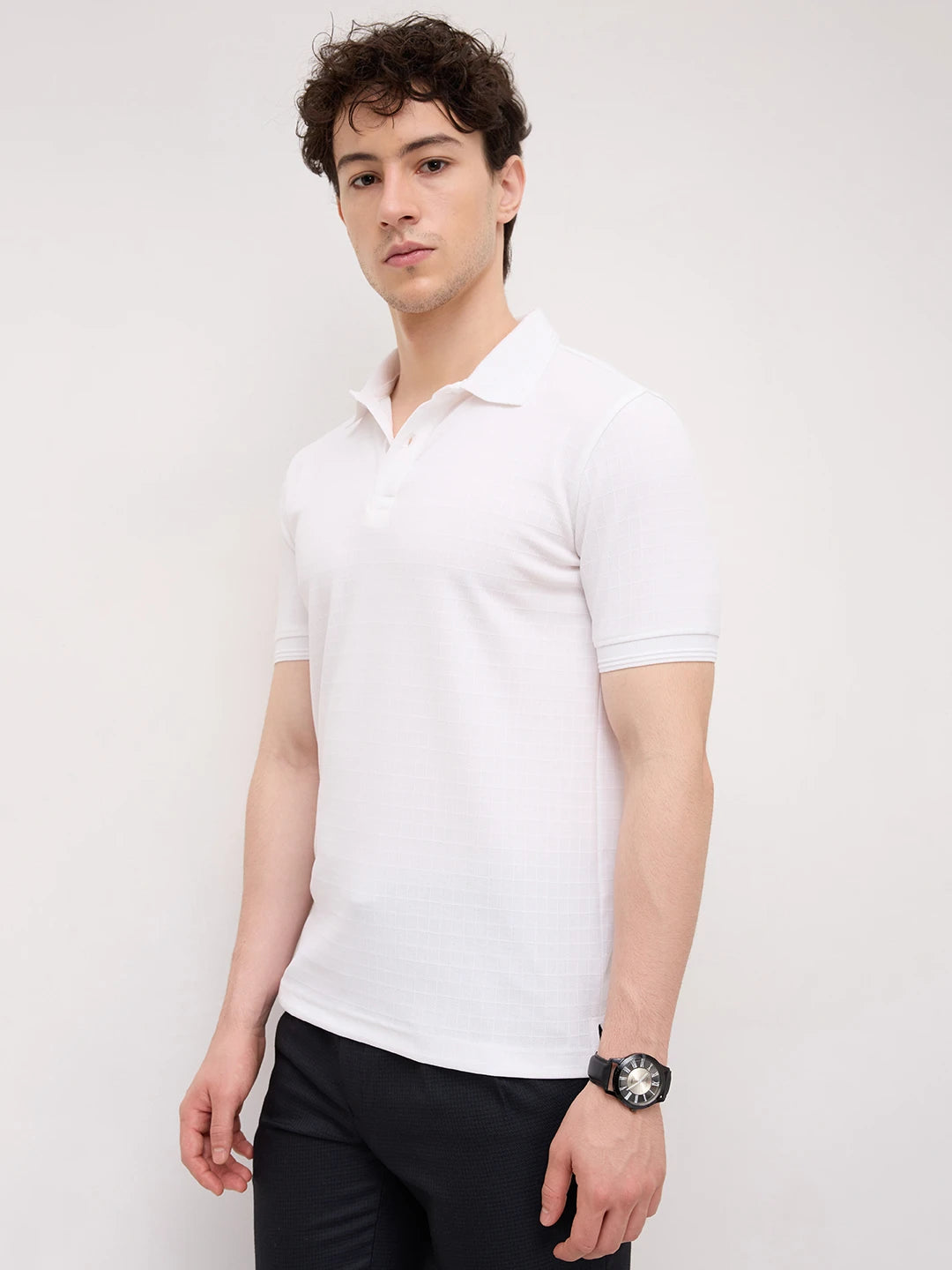 Cloud White Checks Weave Polo Tee