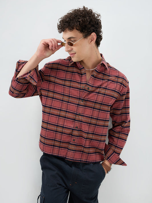 Rosewood Plaid Checks Boxy Fit Crop Cord Shirt