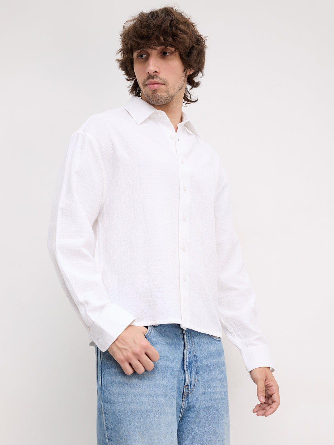 Intricate Pearl White Geometric Textured Boxy Fit Crop Shirt