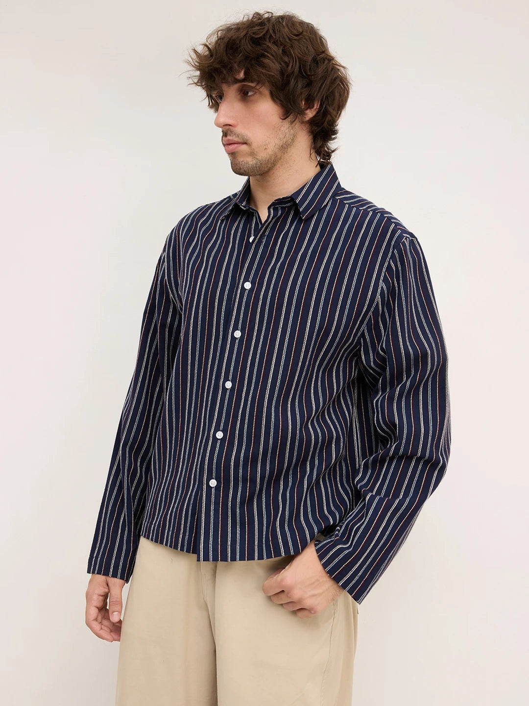Navy Dual Embroidered Striped Cuffless Oversized Shirt