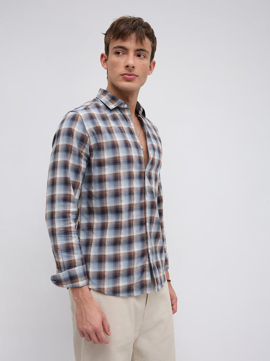 Grey & Brown Ombre Checks Classic Shirt