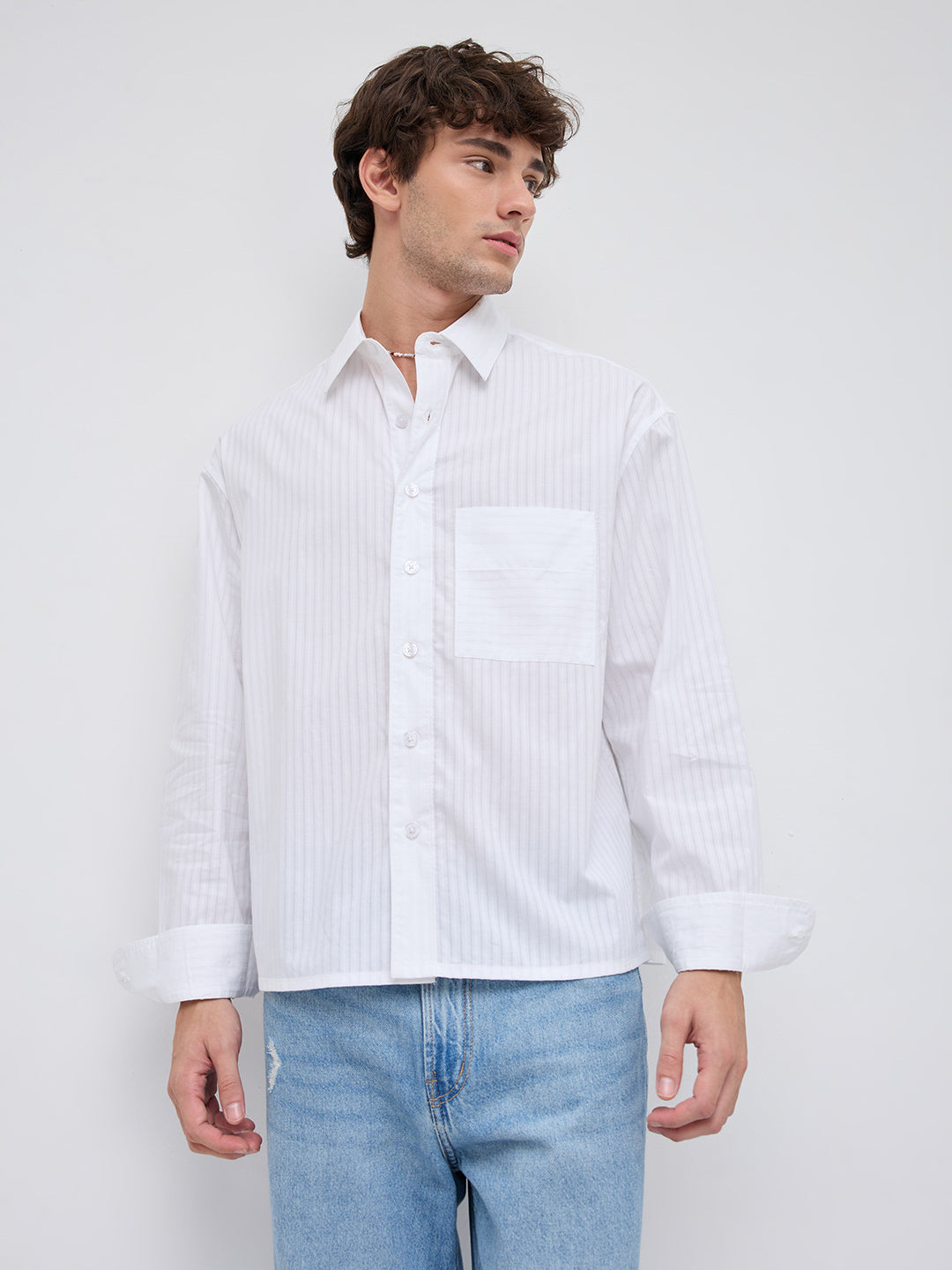 White Mist Sheer Stripe Boxy Crop Shirt