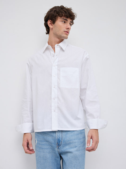 White Mist Sheer Stripe Boxy Crop Shirt