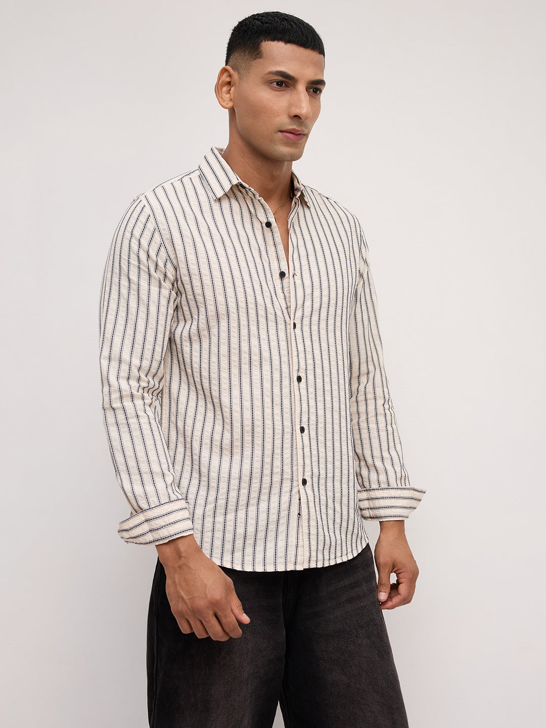 Luxe White & Navy Embroidered Striped Shirt