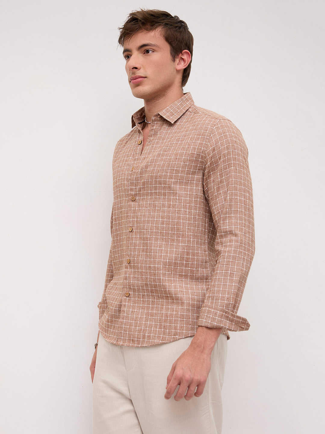 Rustic Brown Embroidery Grid Checks Shirt