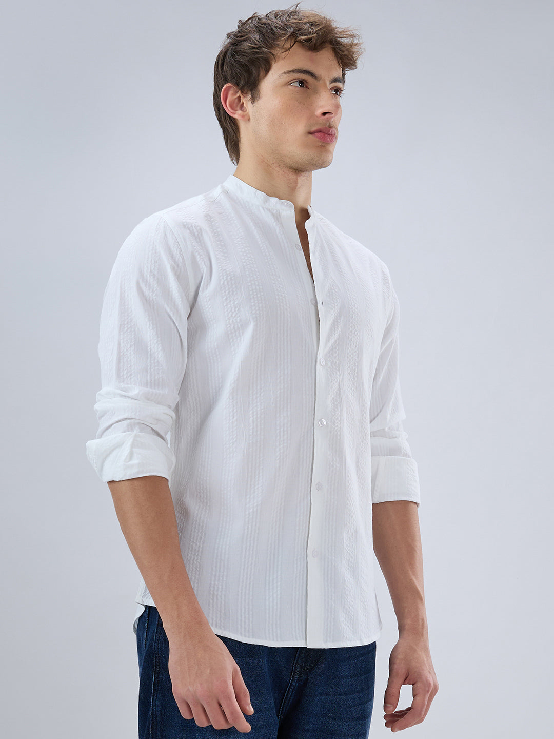 Snow White Seersucker Striped Mandarin Shirt