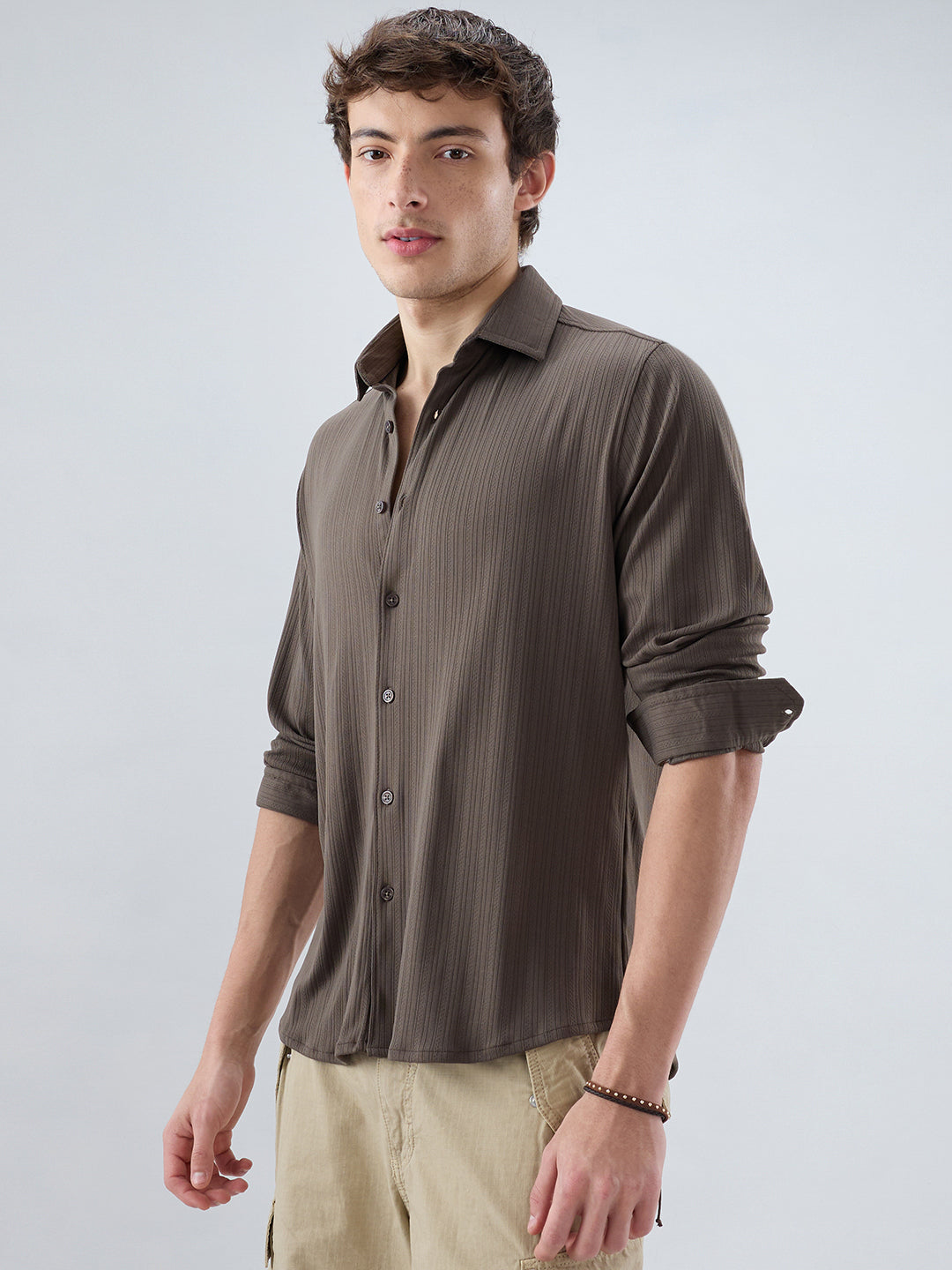 Carbon Grey Fine Vertical Ribbed Knitted Shirt