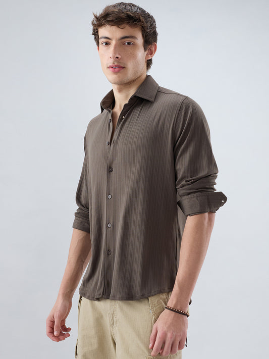 Carbon Grey Fine Vertical Ribbed Knitted Shirt