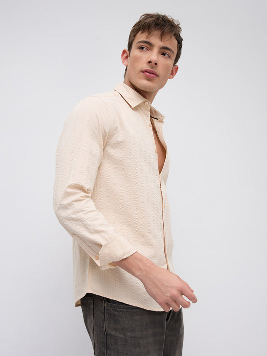 Bisque Beige Seersucker Striped Shirt