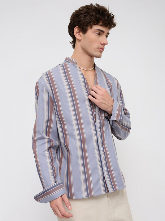 Blue & Brown Bold Stripes Stand Collar Oversized Shirt