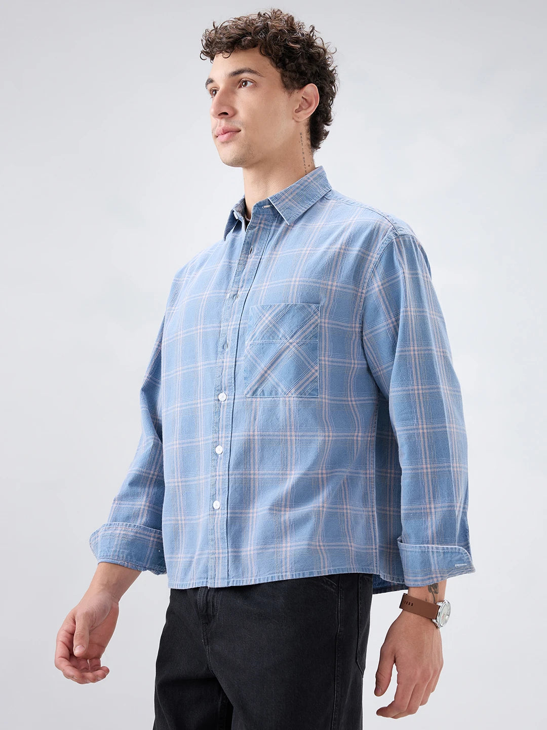 Denim Blue Multi Line Plaid Checks Boxy Fit Shirt