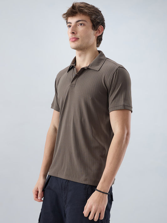 Refined Espresso Brown Hairline Striped Polo Knit T-Shirt