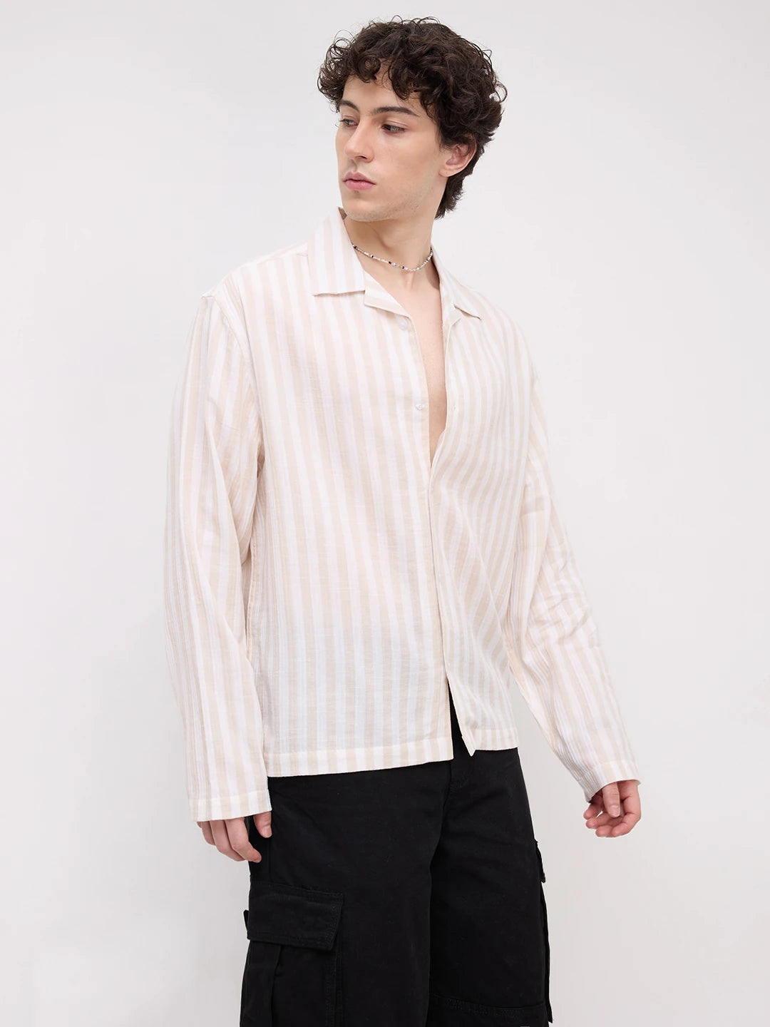 Bisque Beige Candy Striped Notch Collar Oversized Shirt