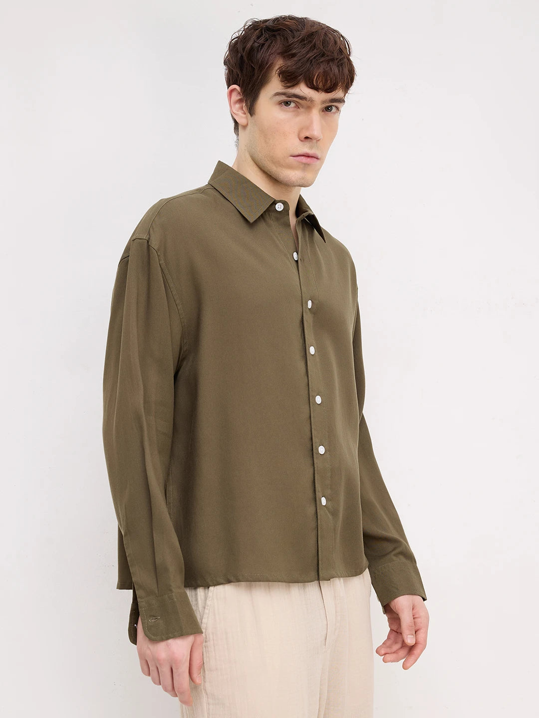 Deep Olive Boxy Fit Crop Shirt