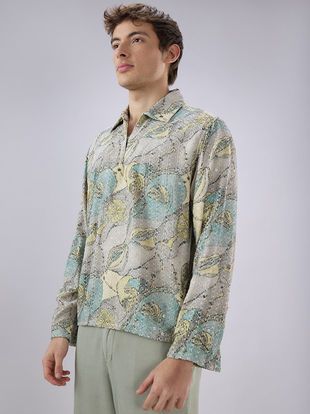 Utsav Spark Grey Sequin Embroidered Cuffless Oversized Shirt