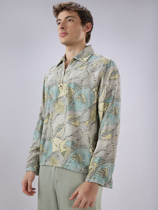 Utsav Spark Grey Sequin Embroidered Cuffless Oversized Shirt