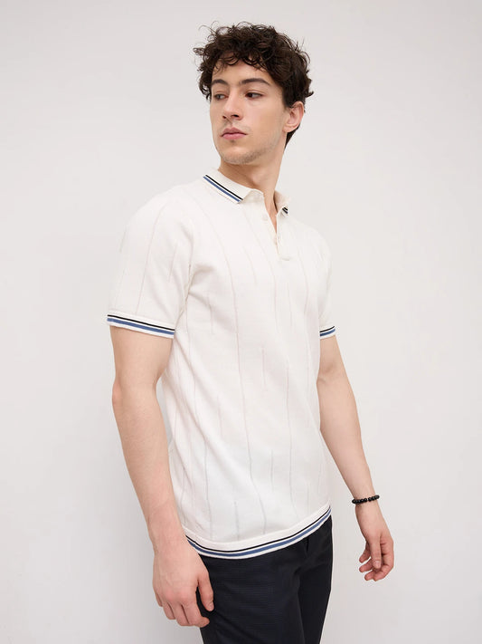 White Ribline Contrast Polo Flat Knit T-Shirt