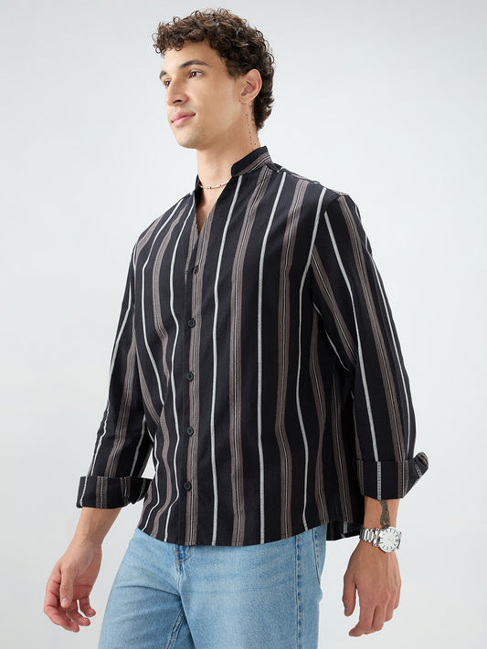 Black & Grey Striped Stand Collar Oversized Shirt