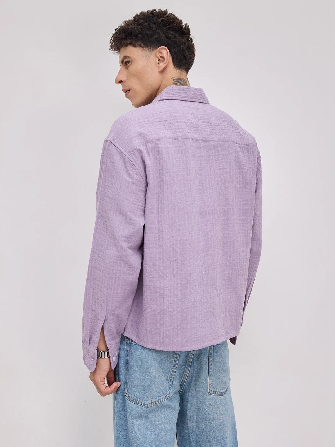 Soft Lavender Double Cloth Gauze Textured Boxy Fit Crop Shirt