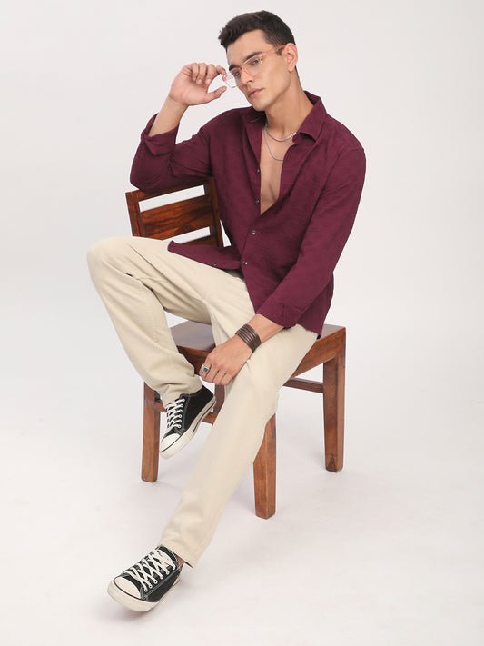 Wine Self Design Textured Shirt