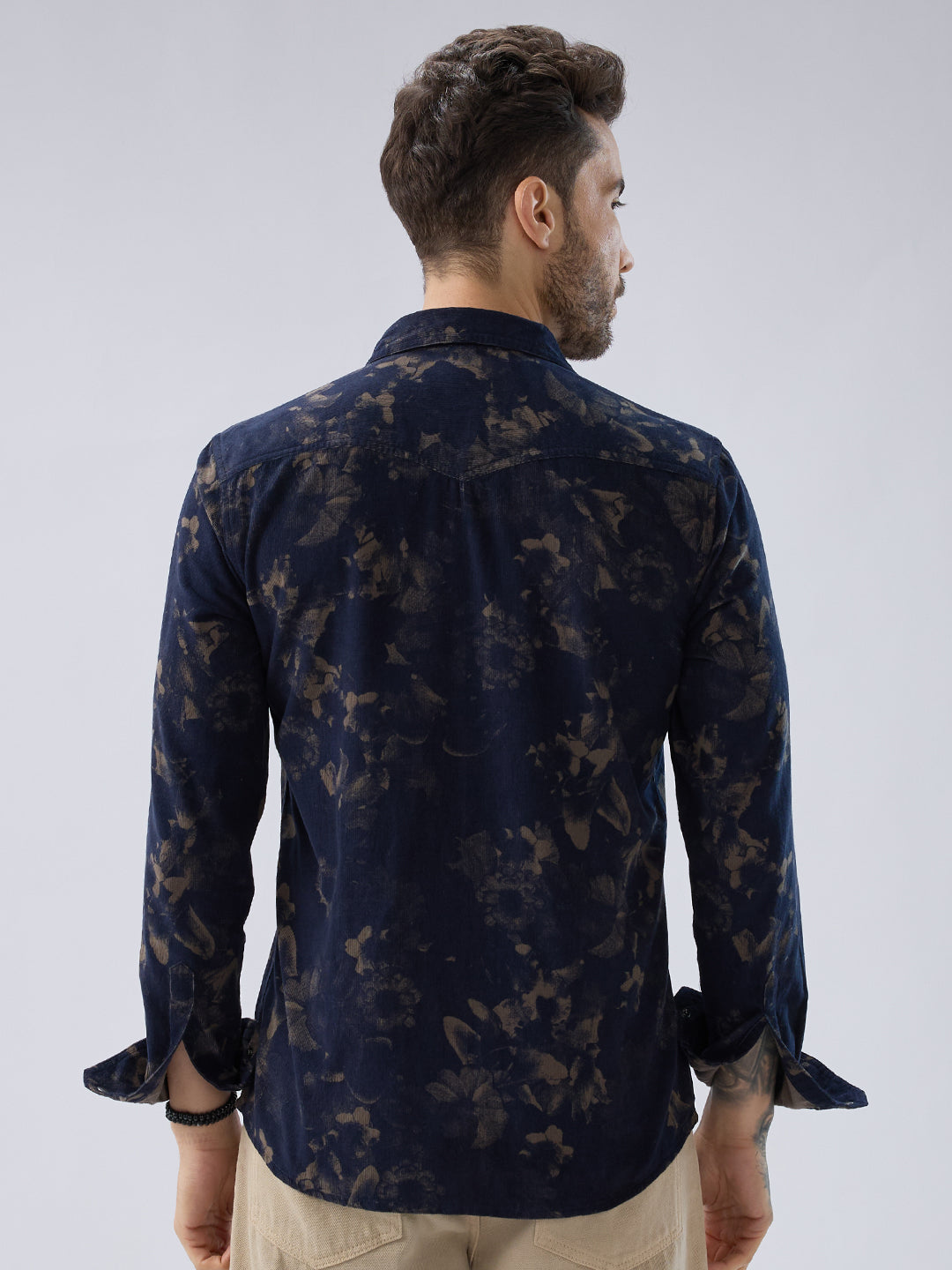 Navy Abstract Bloom Printed Flap Pocket Corduroy Shirt