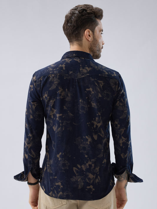 Navy Abstract Bloom Printed Flap Pocket Corduroy Shirt