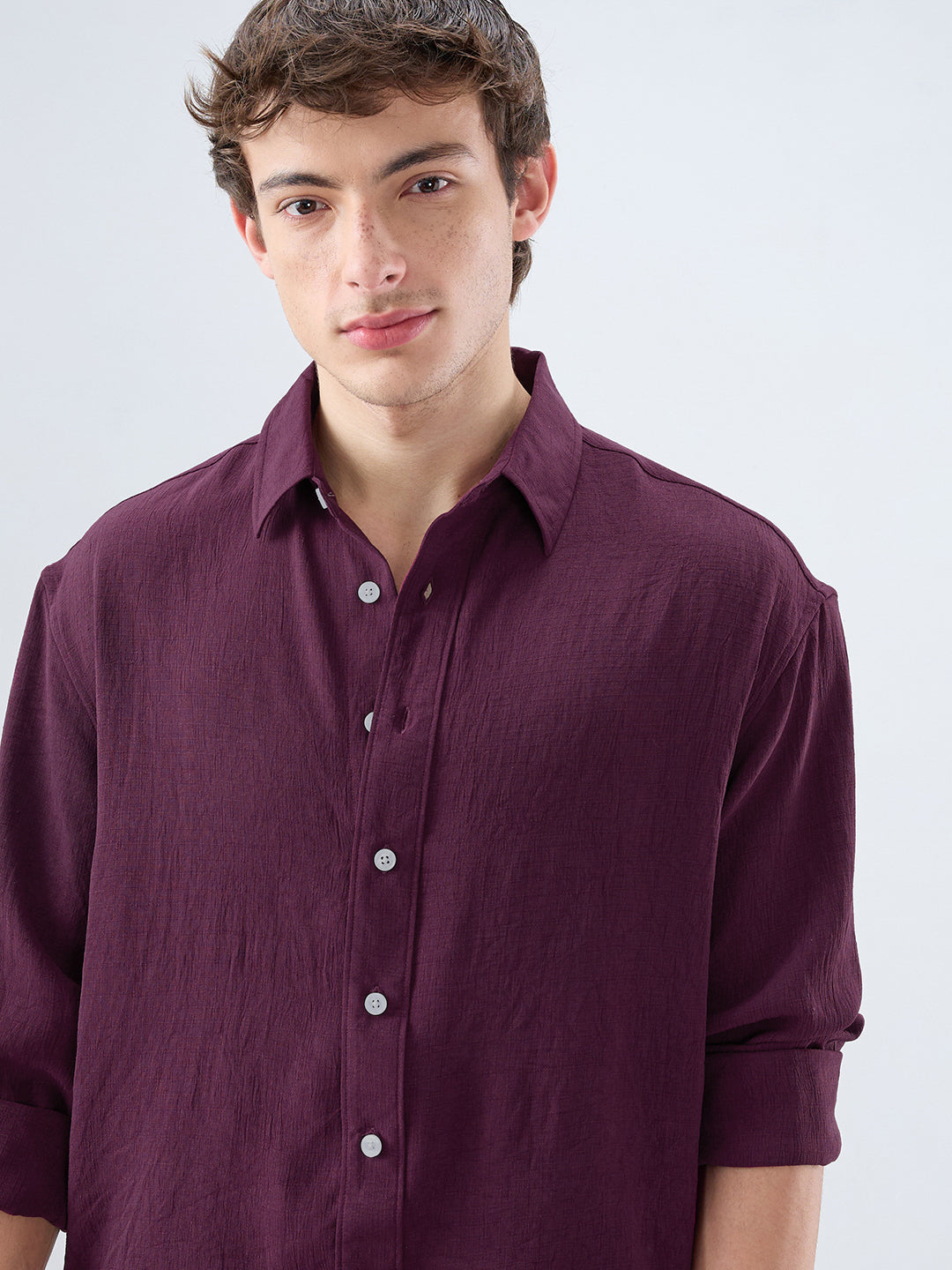 Deep Maroon Soft Crush Fine Grid Textured Boxy Fit Crop Shirt