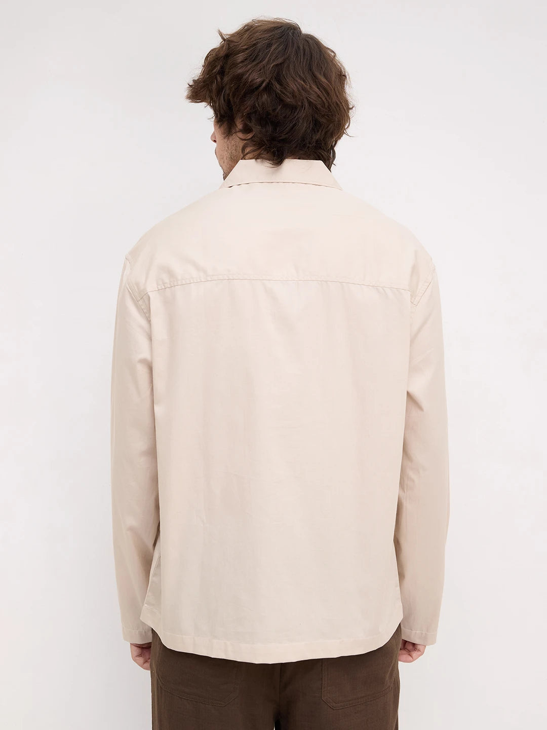 Sand Beige Twill Notch Collar Oversized Shirt