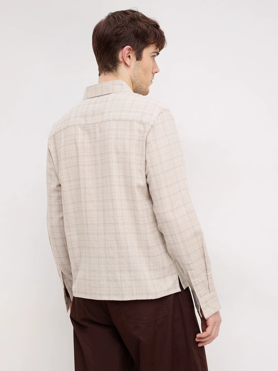 Beige & Blue Loomscape Checks Straight Hem Oversized Shirt