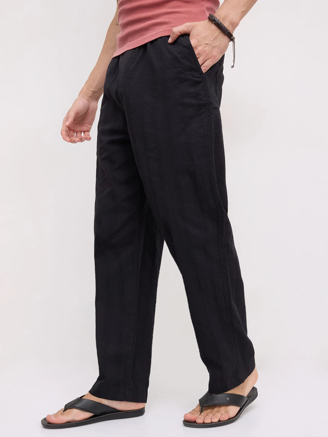 Minimal Black Seersucker Tapered Trousers