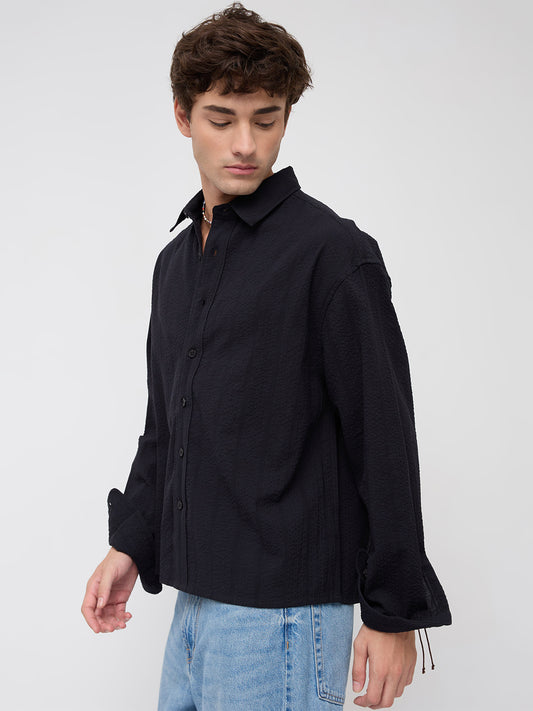 Black Seersucker Striped Boxy Fit Crop Shirt