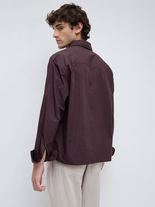 Plush Brunette Brown Subtle Striped Boxy Fit Crop Shirt