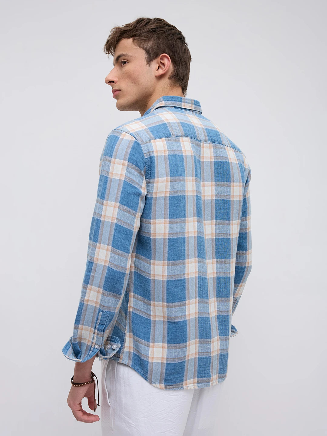 Denim Blue & Beige Tartan Checked Shirt
