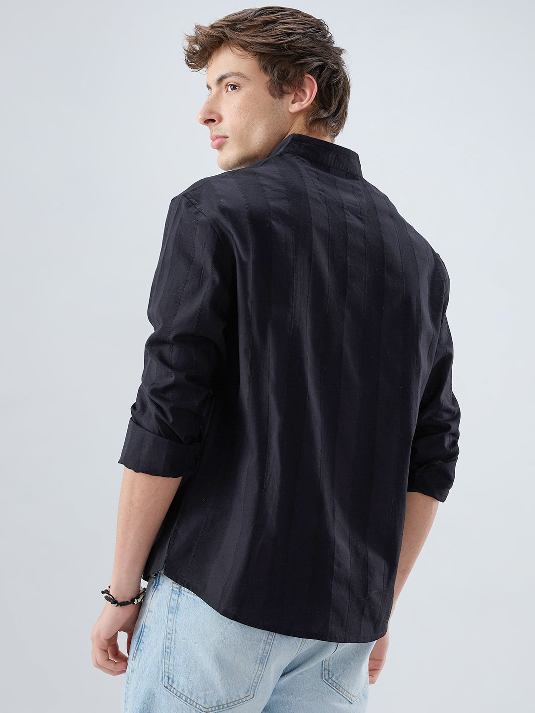 Black Panel Textured Stand Collar Oversized Shirt