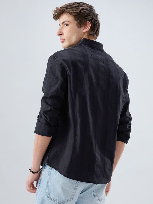 Black Panel Textured Stand Collar Oversized Shirt