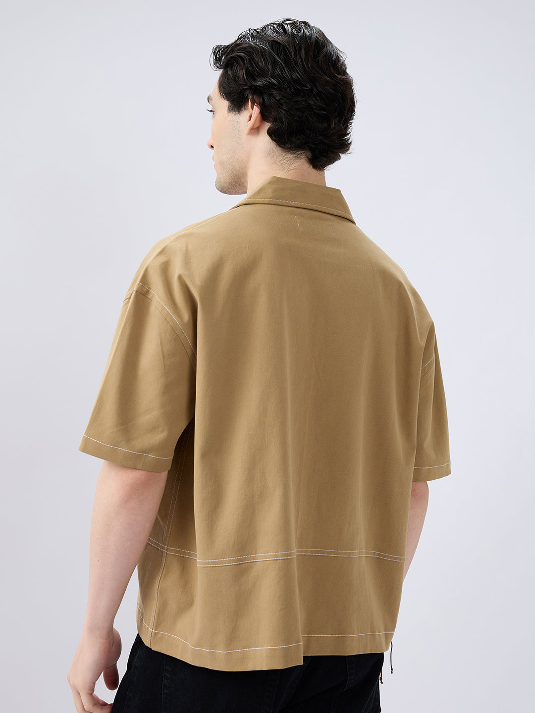 Khaki Contrast Stitch Twin Pocket Oversized Crop Shirt