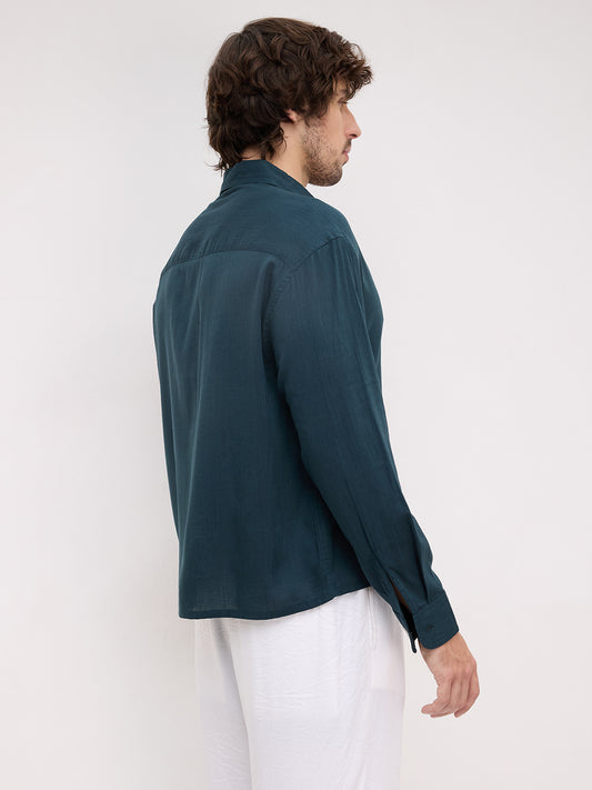 Emerald Green Fine Textured Boxy Fit Crop Shirt
