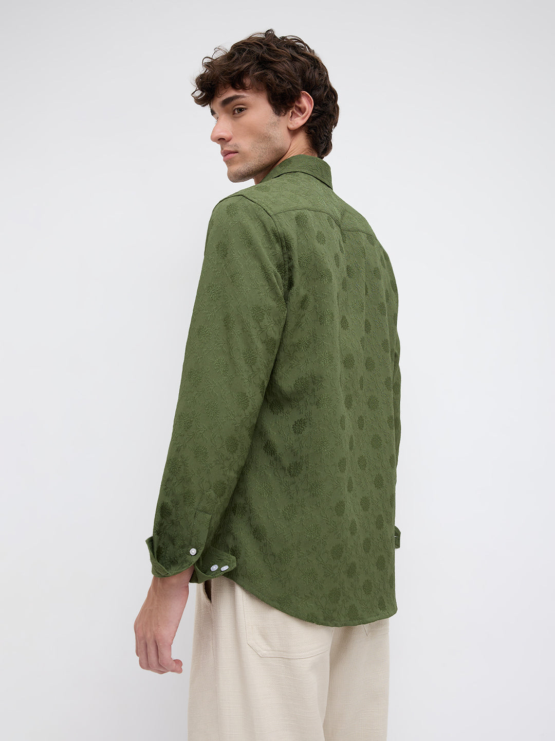 Refined Forest Green Floral Textured Shirt