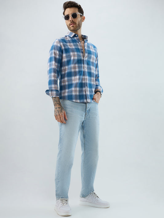 Premium Powder Blue Plaid Checks Denim Textured Shirt