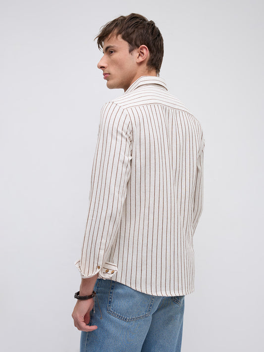 Ivory & Coffee Brown Saddle Weave Contrast Stripe Shirt